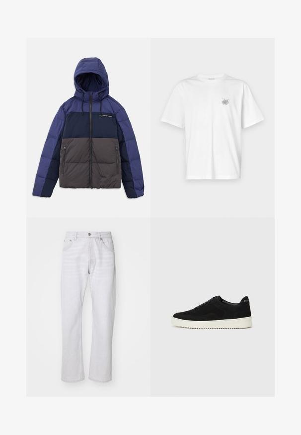 Podložena jakna s kapuco, ki se ponaša z barvno blokirano zasnovo v temno modri, svetlo modri in sivi barvi. Vključuje zadržne žepke in nastavljive vrvice.; Bela majica iz bombaža s kratkimi rokavi, okroglim izrezom in majhnim sivim logotipom na levi strani prsnega dela. Gladka tekstura.; Svetlo sivi traperice z ravnim krojem, petimi žepi in kovinskim gumbom za zapiranje. Tkanina ima mehak občutek in subtilno zbledelost.; Črni semiš teniški copati z vezalkami in kontrastnim belim gumijastim podplatom. Imajo teksturirane stranske panele in subtilno oznako na peti.