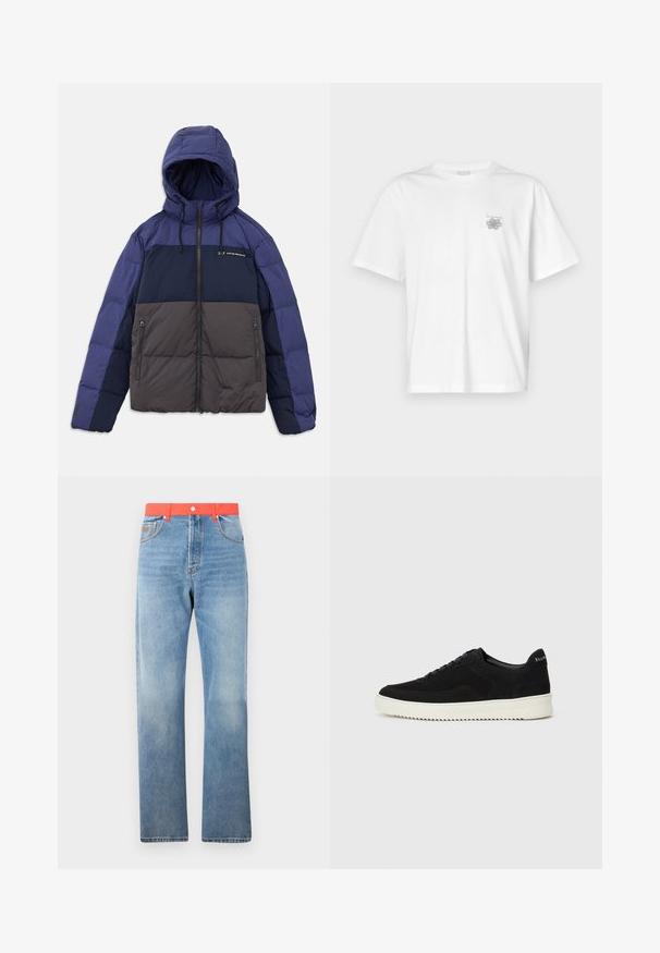 Vooderiga paks jakk, millel on värviline disain tumesinisest, helesinisest ja hallist. Lukkudega taskud ja reguleeritavad nöörid.; Valge puuvillane T-särk lühikeste varrukatega, ümmarguse kaelusega ja väike hall logo vasakul rinnaosal. Sile tekstuur.; Heledad sinine teksapüksid sirge lõikega, millel on erkpunane vöökoht ning tavaline nööp ja tõmblukk.; Mustad suede jooksujalatsid, millel on paelad ja kontrastne valge kummitald. Omab tekstuuriga külgpaneele ja tagasihoidlikku brändimist kandadel.