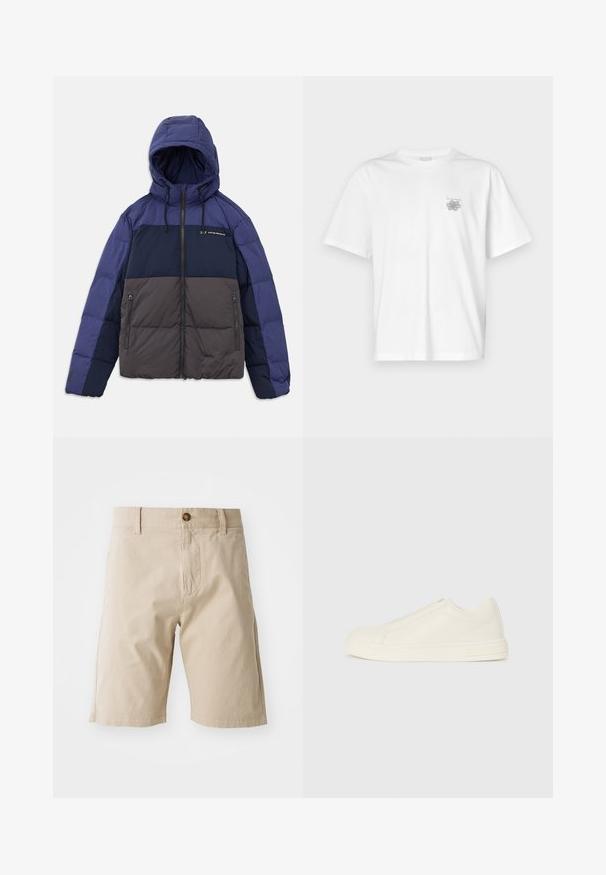 Gepolsterte Jacke mit Kapuze, die ein Farbschema in Dunkelblau, Hellblau und Grau aufweist. Mit Reißverschlusstaschen und verstellbaren Kordelzügen.; Weißes T-Shirt aus Baumwolle mit kurzen Ärmeln, Rundhalsausschnitt und kleinem grauen Logo auf der linken Brustseite. Glatte Textur.; Beige Baumwollshorts mit Knopfverschluss, Gürtelschlaufen und Seitentaschen; glatte Textur und gerade Silhouette.; Beige Leder-Sneaker mit niedriger Schaftform, runder Zehenpartie, minimaler Nahtführung und seitlichem Reißverschluss auf weißem Hintergrund.