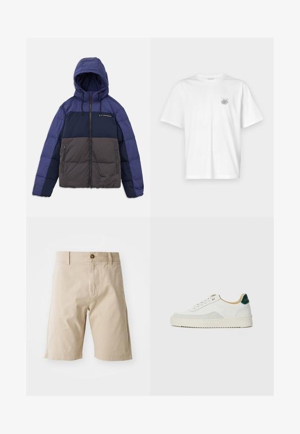 Casaco acolchoado com capuz, apresentando um design em blocos de cor em azul marinho escuro, azul marinho claro e cinza. Inclui bolsos com fecho e cordões ajustáveis.; Camisa branca de algodão com mangas curtas, gola redonda e um pequeno logótipo cinza na área do peito esquerdo. Textura suave.; Calções de algodão bege com fecho de botão, passantes para cinto e bolsos laterais; textura suave e silhueta reta.; Tênis brancos com detalhes em camurça, bico arredondado, atacadores planos e sola de borracha creme. Apresenta uma marcação verde no calcanhar.