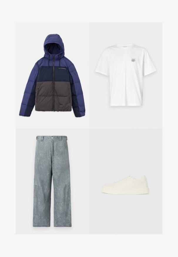 Polstret jakke med hette, med en fargeblokkdesign i mørk marineblå, lys marineblå og grå. Lynlås lommer og justerbare snorer er inkludert.; Hvit T-skjorte laget av bomull, med korte ermer, rund hals og en liten grå logo på venstre brystområde. Smooth tekstur.; Lys grå denim vide ben bukser med en struktureret overflade, der har en knaplukning, bælte-løkker og et let falmet udseende.; Lave topp beige lær sneakers med rund tå, minimal søm og glidelås på siden, på en hvit bakgrunn.