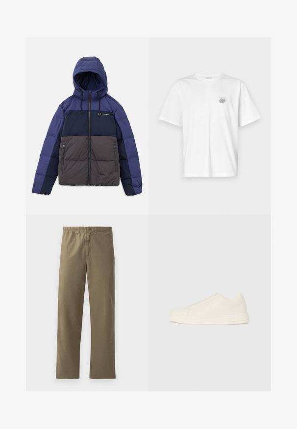Huzatos kabát kapucnival, sötét tengerészkék, világoskék és szürke színblokkokkal. Cipzáras zsebek és állítható húzózsinórok találhatóak rajta.; Fehér pamut póló rövid ujjakkal, kerek nyakkal, és egy kis szürke logóval a bal mellrészen. Sima tapintású.; Könnyű anyagból készült khaki nadrág. Rugalmas derékrésszel, gombos záródással, egyenes lábakkal és sima textúrával rendelkezik.; Alacsony szárú, bézs bőr sportcipő kerek orral, minimális varrással és oldalcipzárral, fehér háttér előtt.