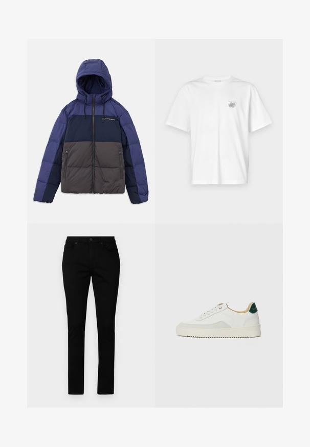 Polstret jakke med hætte, med en farveblokdesign i mørk navy, lys navy og grå. Lavet med lynlås-lommer og justerbare snore.; Hvid t-shirt lavet af bomuld med korte ærmer, rund halsudskæring og et lille gråt logo på venstre brystområde. Glat tekstur.; Sorte denimjeans med slim fit, der har et klassisk fem-lomme design, knappelukning og minimale syninger.; Hvide sneakers med ruskindsdetaljer, rund tå, flade snørebånd og en cremet gummisål. Har grøn branding på hælen.