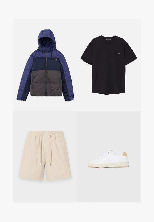 Padded jacket with a hood, featuring a colorblock design in dark navy, light navy, and gray. Zip pockets and adjustable drawstrings included.; Black cotton T-shirt with a crew neck, short sleeves, and a white logo print on the left chest. Simple, solid color design.; Beige cotton shorts with an elastic waistband and drawstring. Features textured fabric with a smooth finish and square metal accents on ties.; White low-top sneakers with a textured leather upper, cream ridged sole, and a tan heel accent. Features white laces and logo detail on heel.