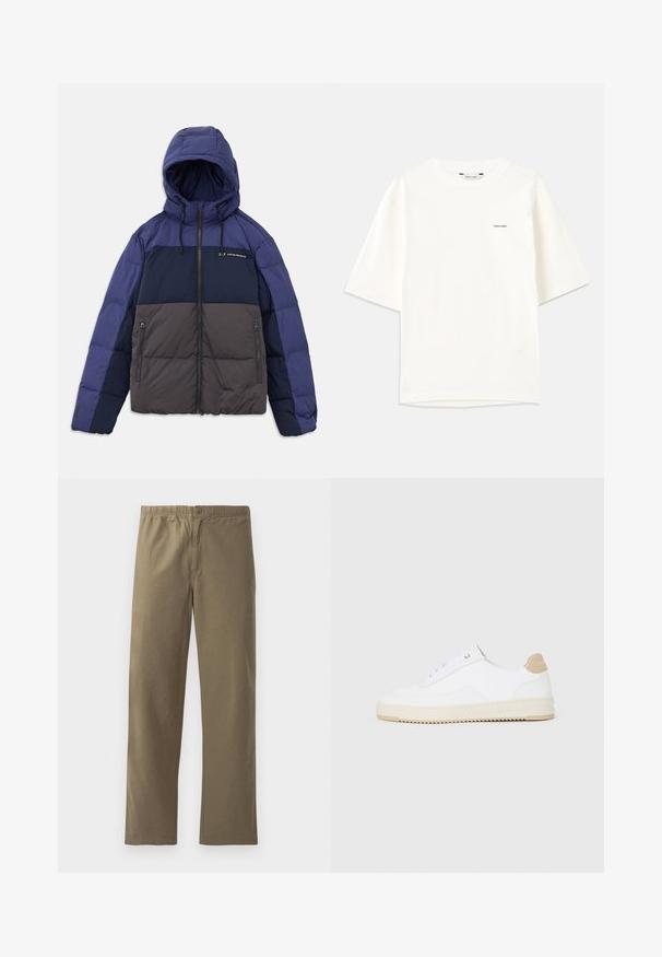 Gewatteerde jas met capuchon, met een kleurblokontwerp in donkerblauw, lichtblauw en grijs. Inclusief ritszakken en verstelbare trekkoorden.; Witte t-shirt met korte mouwen van katoen. Heeft een ronde hals en een klein zwart "Holzweiler" logo aan de linkerkant.; Khaki broek gemaakt van lichtgewicht stof. Heeft een elastische tailleband, een knoopsluiting, rechte pijpen en een soepele textuur.; Witte lage sneakers van textuurleer met een romige, ribbelige zool en een tankleurige hakaccent. Voorzien van witte veters en logodetail op de hak.