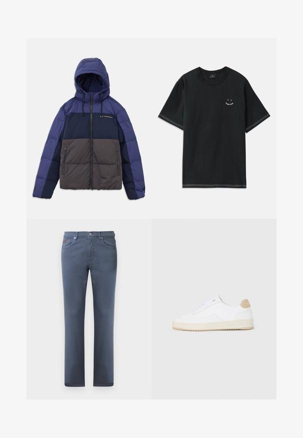 Vooderiga paks jakk, millel on värviline disain tumesinisest, helesinisest ja hallist. Lukkudega taskud ja reguleeritavad nöörid.; Must koos olev must puuvillane T-särk lühikeste varrukatega, ümar kaelus ja valged õmblustooted. Ees on väike graafika.; Hallid hallid teksapüksid otse lõikega, viie taskuga ja metallist nööbiga kinnitamine. Omab peent tõmblust ja väikest logo detaili.; Valged madala varsaga tennisetooted, mille pealmine on tekstuuriga nahast, kreemja soonikuga tald ja pruuni tooni kand. Omab valgeid paelu ja logodetaile kanna peal.