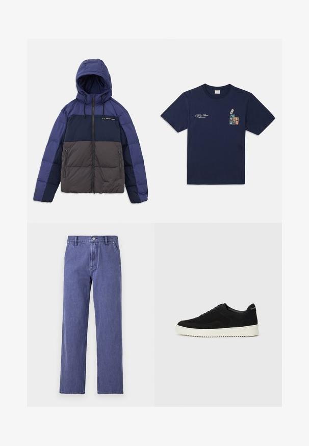 Polstret jakke med hætte, med en farveblokdesign i mørk navy, lys navy og grå. Lavet med lynlås-lommer og justerbare snore.; Marineblå bomulds T-shirt med korte ærmer, med et grafik af stablede kassettebånd og teksten "Killing Bees" på brystet.; Blå denim jeans med lige ben, høj talje, forkert lynlås og fem-lomme design. Stof har en let tekstur. Ingen mønstre.; Sort ruskinds sneaker med snørebånd og kontrasterende hvid gummisål. Har teksturerede sidepaneler og diskret branding på hælen.