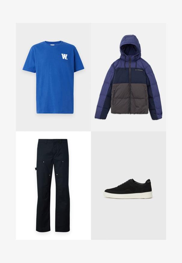 Padded jakna s kapuljačom, s dvobojnim dizajnom u tamnoplavoj, svijetloplavoj i sivoj boji. Uključene su džepovi na zatvarač i prilagodljive šnire.; Plava pamučna majica s okruglim izrezom, kratkim rukavima i bijelim logotipom na lijevoj strani prsnog područja. Mekana tekstura i standardni kroj.; Crne cargo hlače od izdržljivog materijala, s ravnim krojem, višestrukim džepovima i suptilnim srebrnim akcentima.; Crne nubuk tenisice s vezanjem i kontrastnom bijelom gumenom potplatom. Imaju teksturirane bočne panele i suptilno brendiranje na peti.