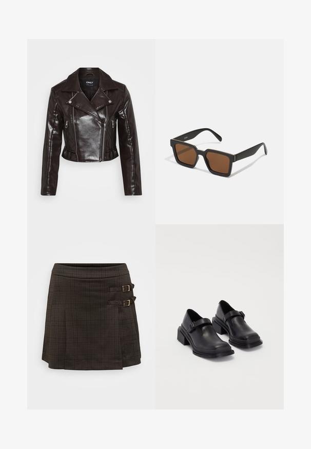 Brązkowa kurtka z sztucznej skóry, krótka, z srebrnymi zamkami, szerokim kołnierzem i długimi rękawami. Posiada skośne i pionowe kieszenie na zamek.; Noisy May NMSUTTON jasnoszary; Czarna spódnica w kratę, w kształcie litery A, z dwoma bocznymi klamrami w złotym odcieniu. Wykonana z teksturowanej tkaniny o subtelnym wzorze w kratę.; Czarna skórzana obuwie z zaokrąglonym czubkiem, płaską podeszwą i paskiem z klamrą. Grubszy blokowy obcas dla dodatkowej stabilności.; Czarne kwadratowe okulary przeciwsłoneczne z brązowymi soczewkami, o matowym wykończeniu i złotych akcentach na oprawie. Projekt jest kanciasty z szerokimi zausznikami.; Złote kolczyki w kształcie obręczy o gładkim, zakrzywionym designie. Wykonane z metalu, z eleganckim wykończeniem i zapięciem na sztyft.
