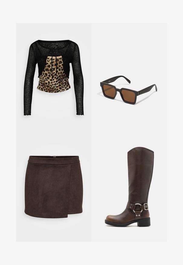 Hnedá koženka s krátkym strihom, striebornými zipsami, širokým golierom a dlhými rukávmi. Obsahuje diagonálne a vertikálne zipsové vrecká.; Čierny dlhý rukáv s krátkym strihom z textúrovaného, priesvitného materiálu a predným panelom s leopardím vzorom. Obsahuje šnúrku na viazanie pri výstrihu.; Hnedá mini sukňa z umelej semišovej látky s hladkým povrchom, má bočný rozparok a diskrétny zips na zadnej strane.; Hnedá kožená vysoká čižma s okrúhlou kovovou akcentovanou sponou. Trochu textúrovaný zvršok, zvýšený podpätok a dizajn s okrúhlou špičkou.; Čierne štvorcové slnečné okuliare s hnedými šošovkami, matným povrchom a zlatými akcentmi na ráme. Dizajn je uhlový s širokými ramenami.; Zlaté kruhové náušnice s hladkým, zakriveným dizajnom. Vyrobené z kovu, s elegantným povrchom a uzáverom na zadnej strane.