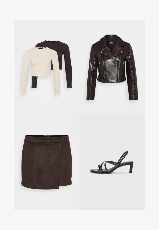 Brown faux leather cropped jacket with silver zippers, wide collar, and long sleeves. Features diagonal and vertical zip pockets.; Ribbed long-sleeve tops in cream and dark brown, featuring a cropped cut and ruffled necklines with scalloped edges.; Brown faux-suede mini skirt with a smooth texture, features a side slit and a discreet zipper closure at the back.; Black strappy sandal with a square toe and a low block heel. Features multiple thin straps and an adjustable ankle strap. Made of smooth leather.