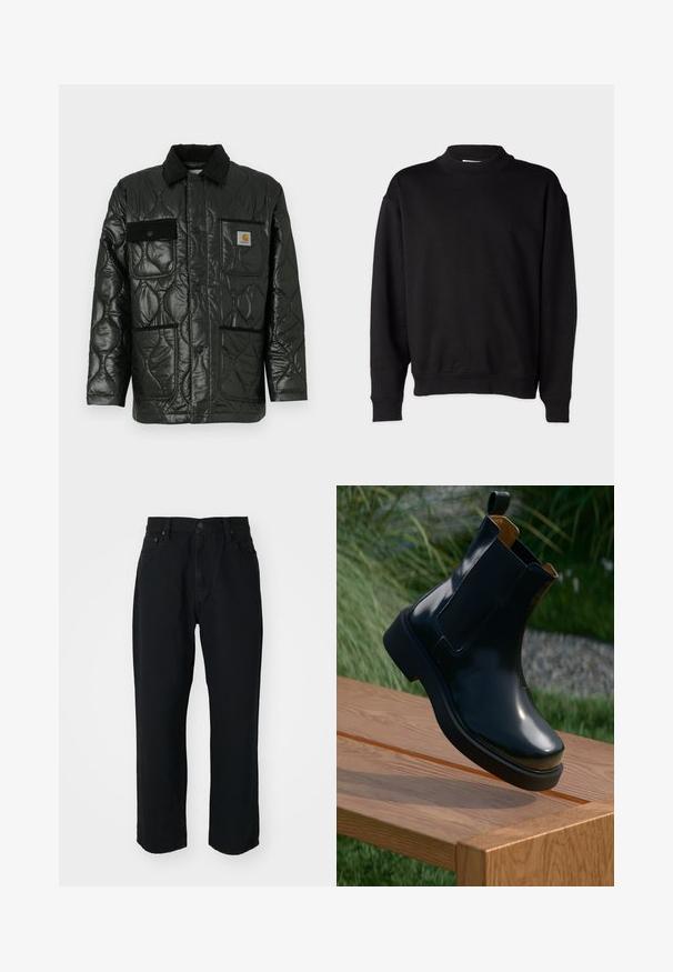 Black quilted jacket with a shiny finish, featuring a collared neck, four patch pockets, and black corduroy accents.; Black sweatshirt with a high, ribbed collar, long sleeves, and a relaxed fit. Soft texture with ribbed cuffs and hem.; Black denim jeans featuring a straight cut, lightweight texture, five-pocket design, and a button closure at the waist.; Black leather chelsea boot with smooth finish, elastic side panels, rounded toe, and thick rubber sole, positioned above a wooden surface.