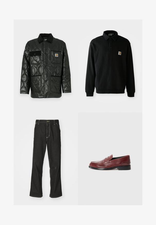 Svart quiltet jakke med en blank finish, med krage, fire påsydde lommer og detaljer i svart kordfløyel.; Svart langermet polo skjorte med tre knapper og en liten firkantet Carhartt-logo på venstre bryst mot en hvit bakgrunn.; Svarte denimbukser med løs passform, med kontrastfylt hvit søm, knappelukking og rett ben-design.; Burgunderfargede skinnloafere med en glatt overflate, dekorative sømmer og en avrundet tå. Har en lav svart hæl.