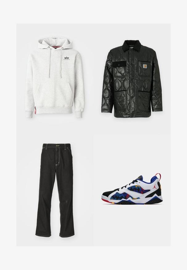 Giacca nera trapuntata con finitura lucida, dotata di colletto, quattro tasche applicate e dettagli in corduroy nero.; Felpa leggera grigia realizzata in tessuto morbido. Presenta una tasca a marsupio, lacci e un piccolo logo nero sul petto. Polsini a coste.; Jeans in denim nero con una vestibilità ampia, caratterizzati da cuciture bianche a contrasto, chiusura a bottone e un design a gamba dritta.; Sneaker bassa bianca, nera e blu con motivi multicolori a zigzag, lacci neri, linguetta rossa e logo Jumpman rosso sul tallone.