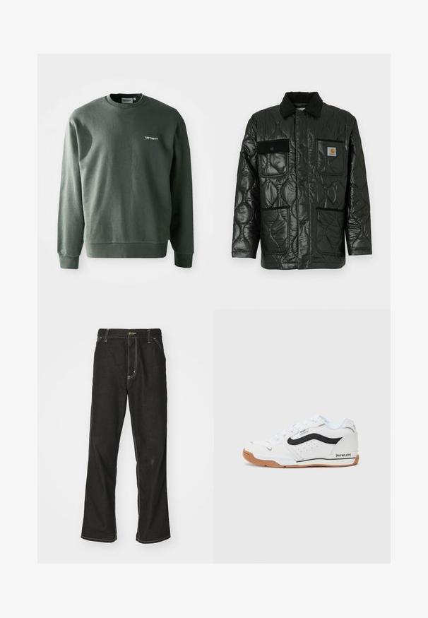 Melnā tamborētā jaka ar spīdīgu apdari, ar apkakli, četrām kabatām un melnas korduroja detaļām.; Tumši zaļš kokvilnas maisījuma džemperis ar apaļu kakla izgriezumu, ribotiem piedurknēm un mazu baltu logotipu kreisajā krūtī.; Melni džinsi ar brīvu piegriezumu, ar kontrastējošu baltu diegu, pogu aizdari un taisnu kāju dizainu.; Baltie sporta apavi ar melniem akcentiem, teksturēta virsma, gumijas zolīte un perforēti detaļas. Iekļauj apaļos šņores un zīmola logotipu sānos.