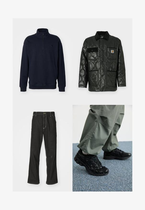 Melnā tamborētā jaka ar spīdīgu apdari, ar apkakli, četrām kabatām un melnas korduroja detaļām.; Tumši zila puloversvārts ar augstu apkakli, rāvējslēdzēju pie kakla un pieguļošu aproču dizainu. Iezīmējas ar diskrētu logo uz krūtīm.; Melni džinsi ar brīvu piegriezumu, ar kontrastējošu baltu diegu, pogu aizdari un taisnu kāju dizainu.; Melni sporta apavi ar spīdīgu un sieta tekstūru, ar biezu zoli un auklām, kombinēti ar brīvām olīvzaļām kravas biksēm.