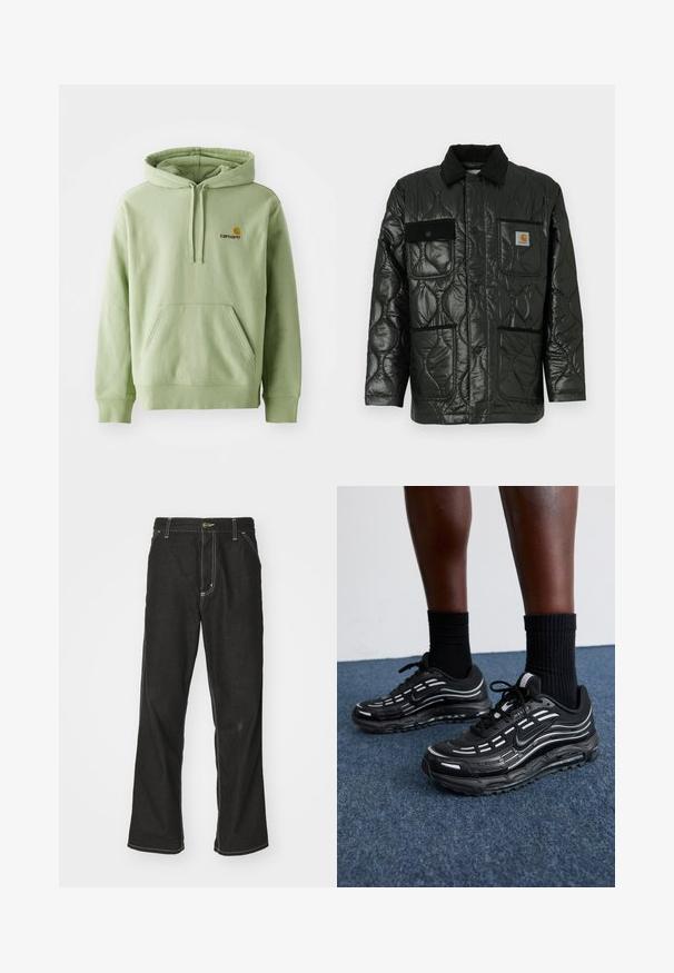 Black quilted jacket with a shiny finish, featuring a collared neck, four patch pockets, and black corduroy accents.; Light green pullover hoodie made of soft fabric, featuring a kangaroo pocket, drawstring hood, and a small embroidered logo on the chest.; Black denim jeans with a loose fit, featuring contrasting white stitching, a button closure, and a straight leg design.; Black Nike shoes feature a mesh upper with accent stripes, textured lacing, and a black rubber sole. Worn with black ribbed socks.