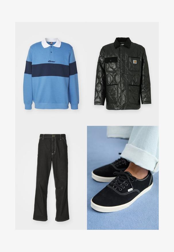 Černá prošívaná bunda s lesklým povrchem, má límeček, čtyři náprsní kapsy a černé kordové akcenty.; Ellesse CIVARO - Mikina - blue/navy; Černé denimové džíny s volným střihem, s kontrastním bílým prošíváním, zapínáním na knoflík a rovnými nohavicemi.; Černé semišové nízké tenisky s černými tkaničkami, bílou mezipodešví a značkovou visačkou, v kombinaci s světle modrými zahnuli džínami na modrém povrchu.