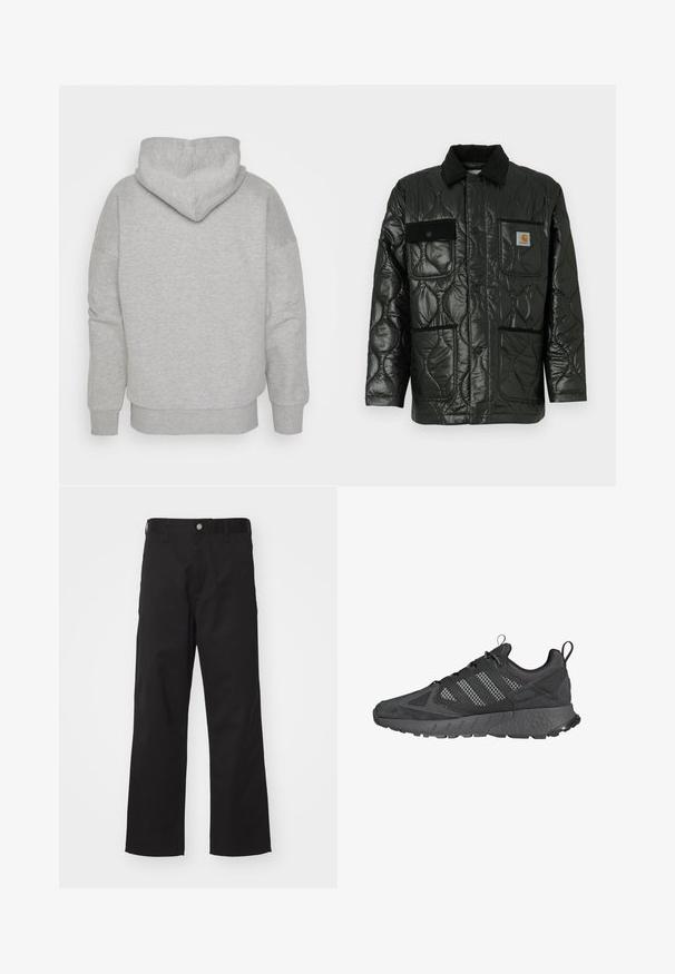 Schwarze gesteppte Jacke mit glänzender Oberfläche, ausgestattet mit einem Kragen, vier aufgesetzten Taschen und schwarzen Cordura-Akzenten.; Grauer Hoodie mit einer enganliegenden Kapuze, weiten Ärmeln und geripptem Saum. Weicher, strukturierter Stoff ohne sichtbare Muster oder Hardware-Details.; Schwarze Hose aus strapazierfähigem Material mit geradem Schnitt, ausgestattet mit einem vorderen Knopfverschluss, Gürtelschlaufen und ohne sichtbare Muster oder Akzente.; Schwarze Sportschuhe mit Obermaterial aus Mesh und Wildleder, strukturierten Gummisohlen, gepolsterter Schuhkragen und markantem grauen Drei-Streifen-Design.
