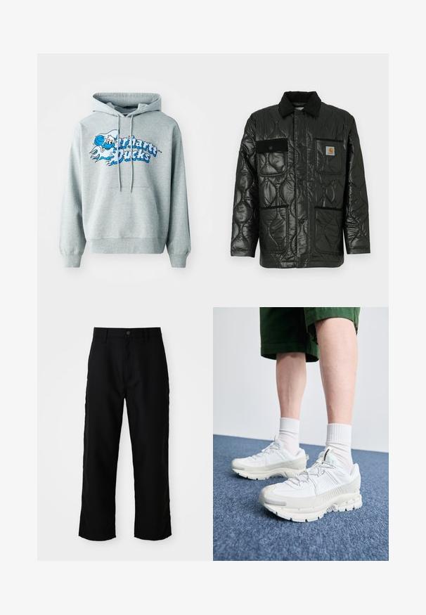 Jachetă neagră matlasată cu un finisaj lucios, având guler, patru buzunare aplicate și accente din catifea neagră.; Hanorac gri din bumbac cu glugă ajustabilă, buzunar frontal și o grafică albastră ce prezintă text și personaje într-un stil de desene animate. Textură moale.; Pantaloni negri cu picioare drepte, cu bucle pentru curea, cu închidere frontală cu nasture și fermoar, pe un fundal deschis și simplu.; Pantofi sport albi cu suprapuneri texturate, talpă masivă și accente gri. Purtați cu șosete albe până la glezne și pantaloni scurți verzi pe o suprafață albastră.