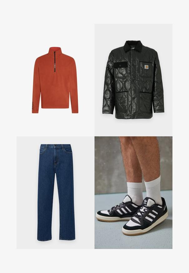 Zwarte gewatteerde jas met een glanzende afwerking, voorzien van een kraag, vier opgestikte zakken en zwarte corduroy accenten.; Oranje fleece pullover met een halve rits aan de voorkant. Heeft een hoge kraag en logo-detail op de mouw. Zacht, gestructureerd materiaal. Lange mouwen.; Donkerblauwe rechte denim jeans met frontzakken en een knoopsluiting, weergegeven op een effen witte achtergrond.; Zwart-witte sneakers met een bovenwerk van suede en leer, voorzien van drie witte strepen, een geperforeerde neus en een rubberen gumzool.