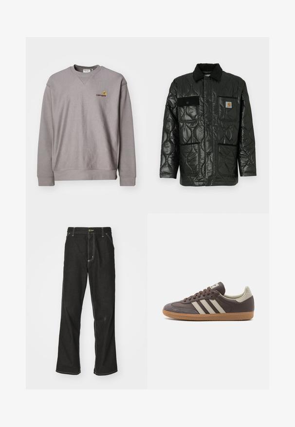 Crna kviltana jakna s sjajnom završnom obradom, koja ima ovratnik, četiri zakrčena džepa i crne baršunaste detalje.; Siva dukserica s okruglim izrezom, rebrastim manžetama i suptilnim logom u izvezenoj žutoj i burgundijskoj boji. Napravljena je od mekanog, teksturiranog materijala.; Crne traperice s opuštenim krojem, s kontrastnim bijelim šavovima, zakovicom za zatvaranje i ravnim nogavicama.; Smeđe kožne tenisice s tri svijetle pruge, gumeni potplat, zaobljeni vrh i teksturirani antilop detalji na peti i vrhu.