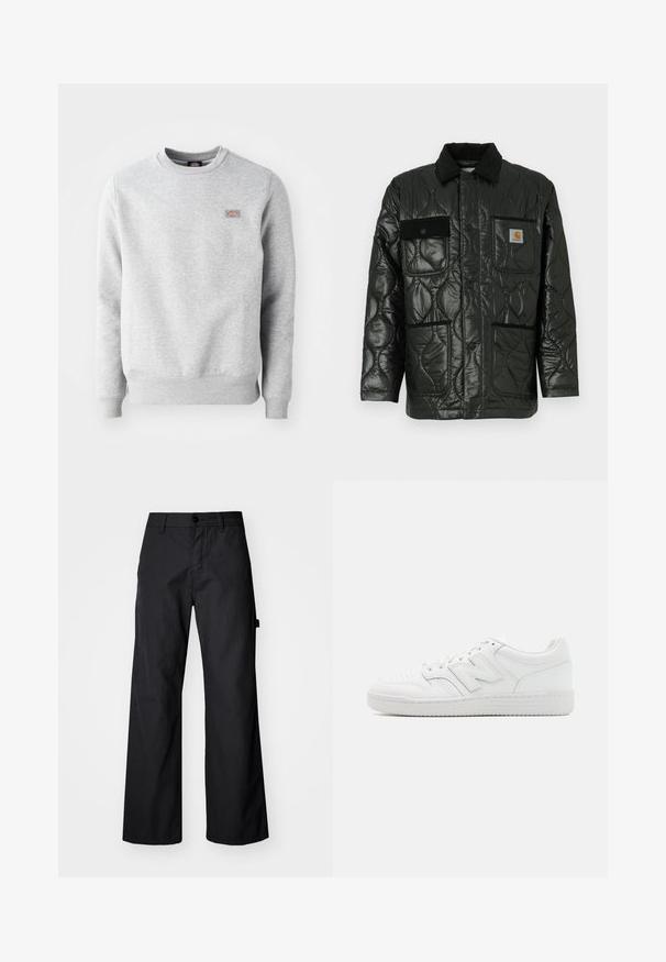 Čierna prešívaná bunda s lesklým povrchom, s golierom, štyrmi našitými vreckami a čiernymi zamatovými akcentmi.; Šedá mikina s okrúhlym výstrihom, rebrovanými manžetami a spodným lemom, vyrobená z jemného bavlneného materiálu. Má malé logo na ľavej strane hrude.; Čierne, široké nohavice vyrobené z odolného materiálu. Obsahujú zapínanie na gombík a bočné vrecká. Hladká textúra s čistým dizajnom.; Biele tenisky vyrobené z hladkej kože, s perforovaným špičkou, textúrovanou gumovou podrážkou, plochými šnurkami a výrazným logom 'N' na boku.