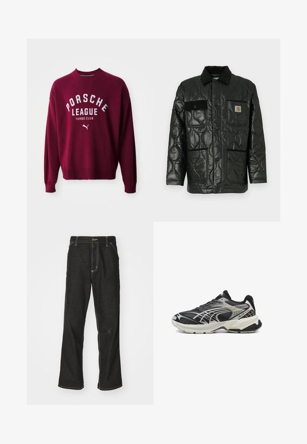Črna prešita jakna z sijajno površino, ki ima ovratnik, štiri našitne žepe in črne kordne detajle.; Bordo pleteno pulover s rebrastimi manšetami in robom, z belim napisom: "PORSCHE LEAGUE TURBO CLUB" in majhnim belim logotipom Puma.; Črne jeans hlače ohlapenega kroja, ki imajo kontrastno belo šivanje, zapiranje na gumb in ravno nogavico.; Črne atletske čevlje z mrežasto in sintetično oblogo, opremljene s podložnim ovratnikom, strukturirano podplatom in srebrnimi poudarki v poenostavljenem dizajnu.