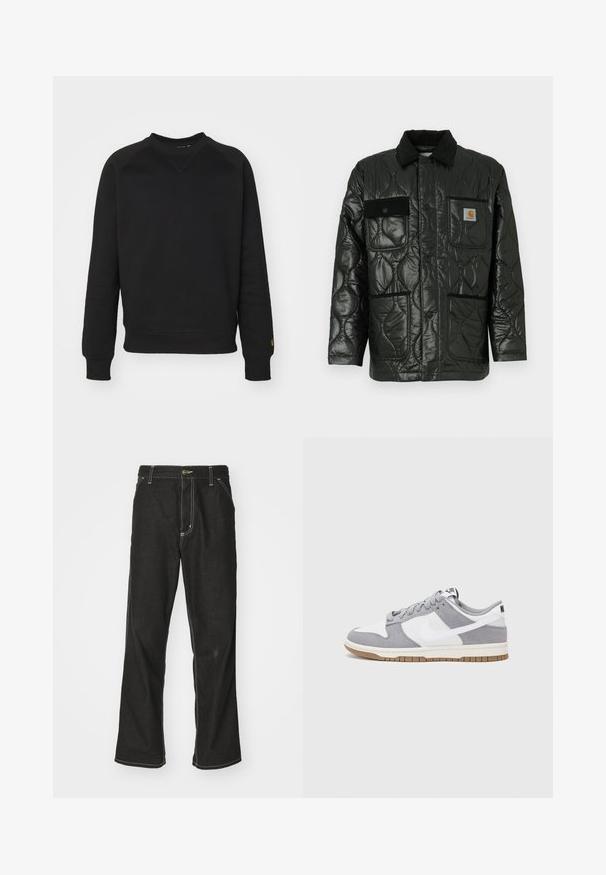 Black quilted jacket with a shiny finish, featuring a collared neck, four patch pockets, and black corduroy accents.; Black crewneck sweatshirt with long sleeves, ribbed cuffs, and waistband. Features a triangular stitched detail on the neckline and logo accent.; Black denim jeans with a loose fit, featuring contrasting white stitching, a button closure, and a straight leg design.; Nike sneakers feature a gray suede and white leather upper with perforations, round laces, and a gum sole for traction.