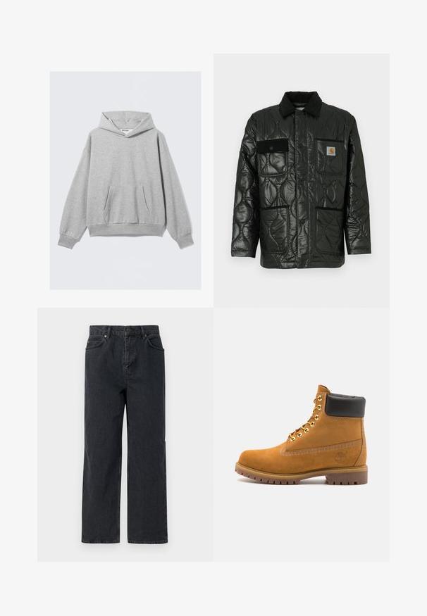 Giacca nera trapuntata con finitura lucida, dotata di colletto, quattro tasche applicate e dettagli in corduroy nero.; Felpa con cappuccio grigio chiaro, a maniche lunghe, con tasca frontale tipo kangaroo, polsini e orlo a costine, poggiata su uno sfondo chiaro.; Pantaloni in denim blu scuro con gamba ampia, design a cinque tasche e chiusura con bottone. Include dettagli in tonalità rame e una texture sottile.; Stivale alla caviglia in suede tan con collare imbottito nero, occhielli in metallo dorato, dettagli in cucitura bianca e suola in gomma robusta con battistrada pronunciato.