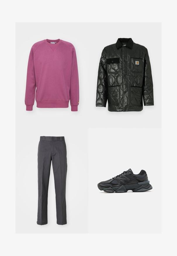 Svart quiltet jakke med en blank finish, med krage, fire påsydde lommer og detaljer i svart kordfløyel.; Carhartt WIP CHASE - Sweatshirt - dusty fuchsia/gold; Mørkegrå bukser laget av bomullsblanding, med rett ben-design, frontlommer og knappelukking i midjen.; Svart løpesko med en blanding av mesh og syntetiske materialer, chunky såle, buet design og fremtredende merkevare på siden.