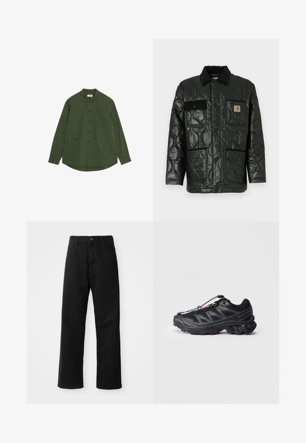Svart vadderad jacka med en glänsande finish, med krage, fyra påsydda fickor och svarta kordfluwelexempel.; Långärmad skjorta i mörkgrön och marinblå vertikala ränder, med en knappad krage, ficka på vänster bröst och en rundad nederkant.; Svarta denimbyxor med rak passform, försedda med framfickor, dragkedja och en enda knapp i midjan. Strukturerad tyg med matt yta.; Svart atletiska skor med ett texturerat meshinert, förstärkt tån och ett snabblåsningssystem. Har en robust sula och lätt hälhöjning.