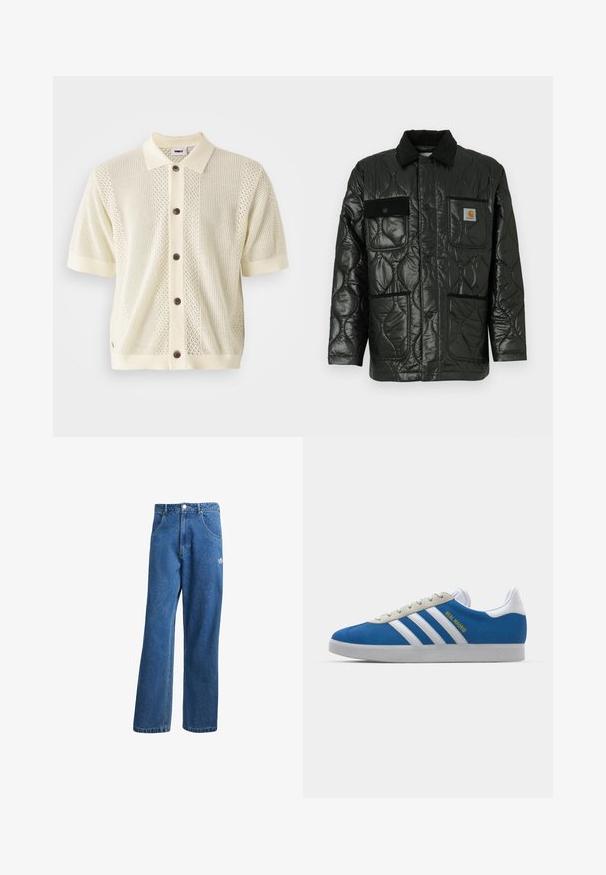 Črna prešita jakna z sijajno površino, ki ima ovratnik, štiri našitne žepe in črne kordne detajle.; Kratka pletena jopica s kratkimi rokavi v svetlo rumeni barvi z kontrastnim enobarvnim ovratnikom, petimi rjavimi gumbi in strukturiranimi vzorci po sprednji strani.; Modre visoko pasu široke denim kavbojke z sprednjimi žepi, zankami za pas, gumbom za zapiranje in majhnim logotipom Adidas na desni stegno.; adidas Originals ADIDAS GAZELLE SHOES - Dvoranske nogometne kopačke - real madrid/bluebird/footwear white/crew yellow