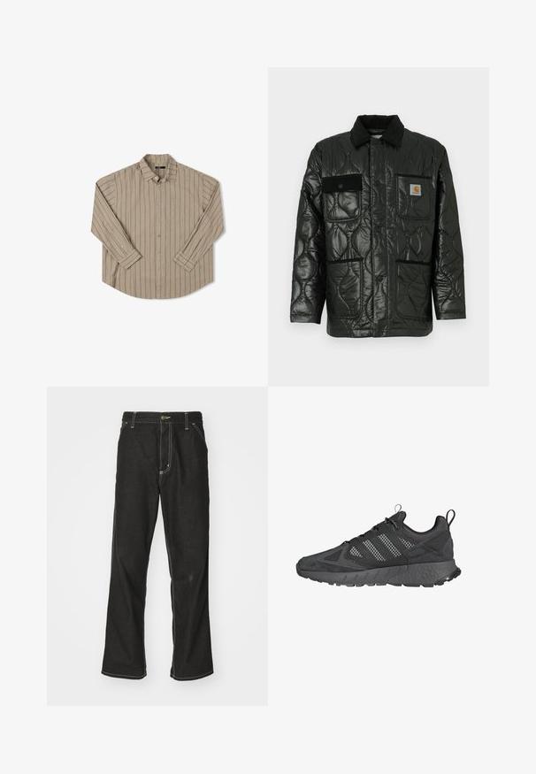 Čierna prešívaná bunda s lesklým povrchom, s golierom, štyrmi našitými vreckami a čiernymi zamatovými akcentmi.; Béžová košeľa s dlhým rukávom a vertikálnymi prúžkami, jednou náprsníkovou vreckom, golierom na gombíky a zaobleným švom. Hladká štruktúra látky.; Čierne denimové nohavice s voľným strihom, s kontrastným bielym prešívaním, uzáverom na gombík a rovnými nohavicami.; Čierne atletické topánky s hornou časťou z mäkkého a sieťovaného materiálu, textúrovanou gumovou podrážkou, polstrovaným golierom a charakteristickým trikrát pruhovaným dizajnom v sivej farbe.