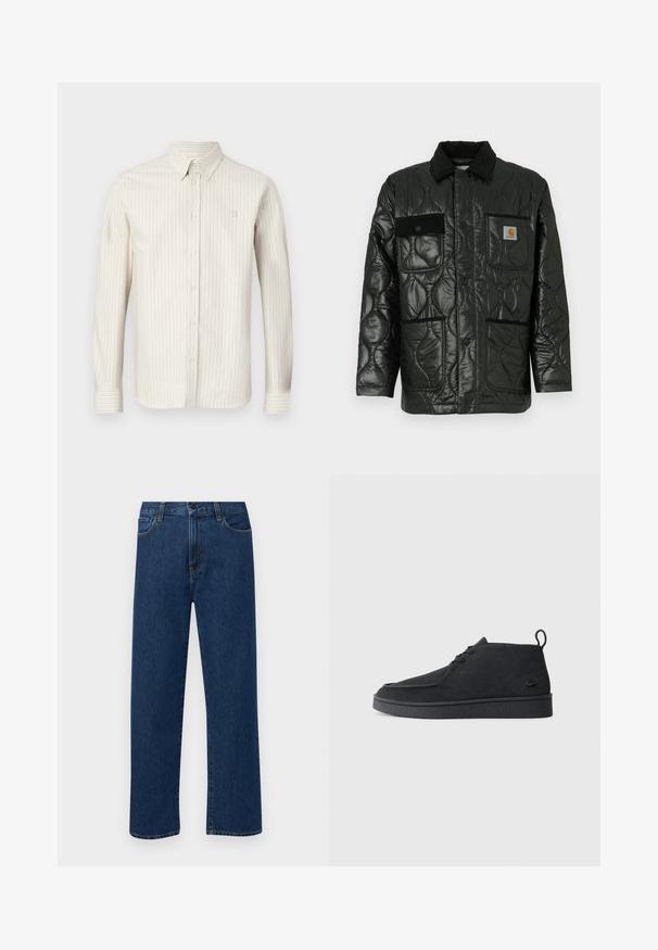 Zwarte gewatteerde jas met een glanzende afwerking, voorzien van een kraag, vier opgestikte zakken en zwarte corduroy accenten.; Lichtbeige gestreepte shirt met een button-down kraag, lange mouwen en een subtiele logo op de borst. Zachte stof met verticale ribbelstructuur.; Donkerblauwe rechte denim jeans met frontzakken en een knoopsluiting, weergegeven op een effen witte achtergrond.; Zwarte suède veterschoenen tot de enkel met een trekband en een gestructureerde zool, met een klein reliëf krokodillenlogo aan de zijkant.