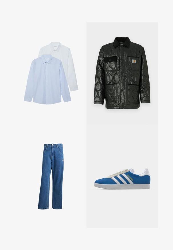 Black quilted jacket with a shiny finish, featuring a collared neck, four patch pockets, and black corduroy accents.; Two long-sleeve shirts: one light blue with thin vertical stripes, the other solid white. Both feature collared necks and button fronts.; Blue high-waist wide-leg denim jeans with front pockets, belt loops, button closure, and small Adidas logo on the right thigh.; adidas Originals ADIDAS GAZELLE SHOES - Indoor football boots - real madrid/bluebird/footwear white/crew yellow