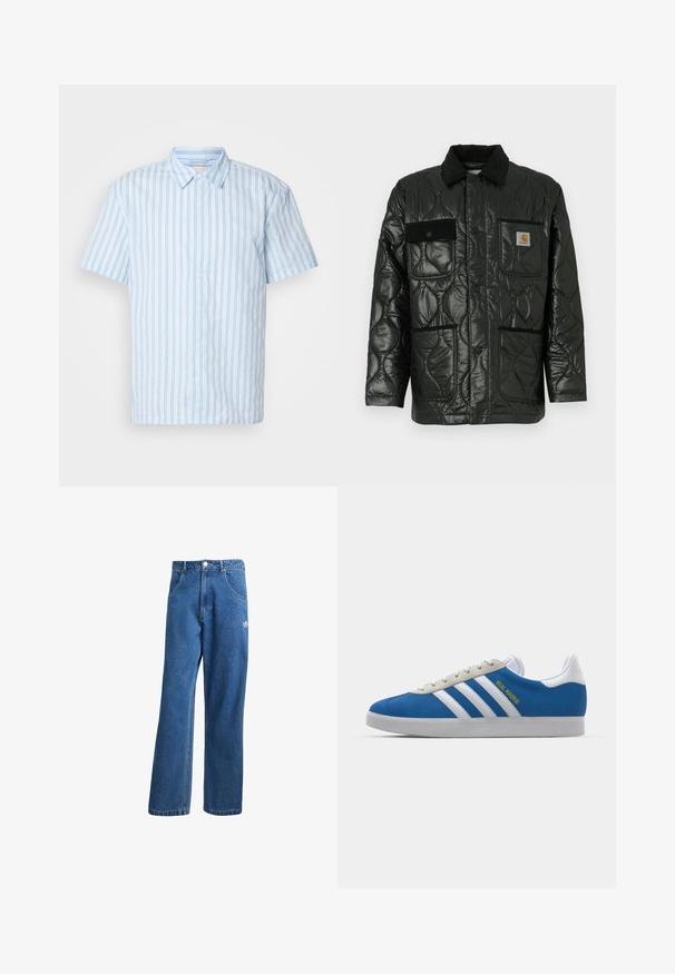 Casaco acolchoado preto com acabamento brilhante, apresentando um colarinho, quatro bolsos adesivos e acabamentos em sarja preta.; Camisa de botão de manga curta em tecido azul claro com riscas verticais. Apresenta um colarinho pontudo e botões brancos na frente.; Calças de ganga azul com cintura alta e perna larga, com bolsos frontais, passadores de cinto, fecho de botão e pequeno logótipo da Adidas na coxa direita.; adidas Originals ADIDAS GAZELLE SHOES - Botas de futebol de salão - real madrid/bluebird/footwear white/crew yellow