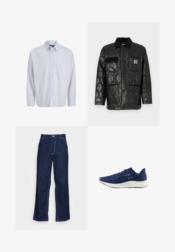 Schwarze gesteppte Jacke mit glänzender Oberfläche, ausgestattet mit einem Kragen, vier aufgesetzten Taschen und schwarzen Cordura-Akzenten.; Langärmliges weißes Hemd mit dünnen vertikalen roten Streifen, einer Brusttasche, einem Kragen und geknöpften Manschetten.; Dunkelblaue Denim-Hosen mit weitem Bein, hoher Taille, Fronttaschen und kontrastierendem weißen Nähten entlang der Säume.; Marineblaues Laufschuhmodell mit strukturiertem Mesh-Obermaterial, weißer Zwischensohle und hellbrauner Außensohle. Es zeichnet sich durch ein minimalistisches Design und dezente Logodetails aus.