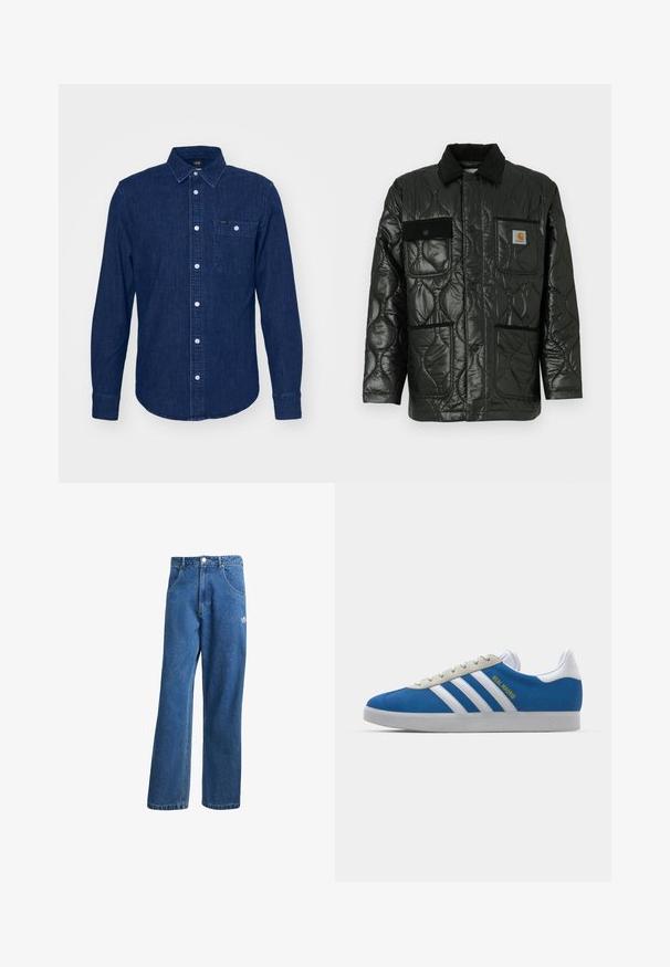 Giacca nera trapuntata con finitura lucida, dotata di colletto, quattro tasche applicate e dettagli in corduroy nero.; Lee LEESURE - Camicia - maple wash; Jeans di denim a vita alta e gamba larga blu, con tasche frontali, passanti per cintura, chiusura a bottone e piccolo logo Adidas sulla coscia destra.; adidas Originals ADIDAS GAZELLE SHOES - Scarpe da calcio indoor - real madrid/bluebird/footwear white/crew yellow