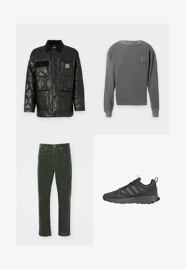 Zwarte gewatteerde jas met een glanzende afwerking, voorzien van een kraag, vier opgestikte zakken en zwarte corduroy accenten.; Grijze langekatoenen sweatshirt met crewneck en ribbeltextuur, voorzien van een klein vierkant logopatch op de linkerborst en ribgebreide manchetten.; Groene corduroy broek met een recht gesneden ontwerp, voorzien van vijf zakken, metalen knoopsluiting en een gestructureerd ribbeloppervlak.; Zwarte sportieve schoenen met een bovenwerk van mesh en suede, een gestructureerde rubberen zool, een gevoerde kraag en een kenmerkend ontwerp met drie strepen in het grijs.