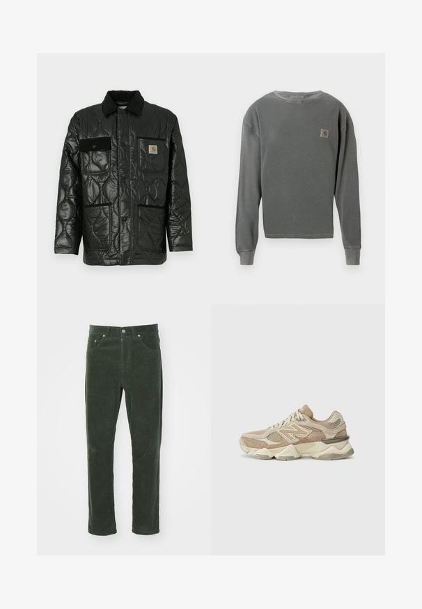 Zwarte gewatteerde jas met een glanzende afwerking, voorzien van een kraag, vier opgestikte zakken en zwarte corduroy accenten.; Grijze langekatoenen sweatshirt met crewneck en ribbeltextuur, voorzien van een klein vierkant logopatch op de linkerborst en ribgebreide manchetten.; Groene corduroy broek met een recht gesneden ontwerp, voorzien van vijf zakken, metalen knoopsluiting en een gestructureerd ribbeloppervlak.; Beige sport sneakers van gaas- en suede materialen, met een ronde neus, dikke zool en opvallende reflecterende accenten aan de zijkant.