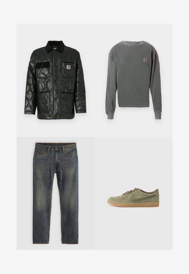 Black quilted jacket with a shiny finish, featuring a collared neck, four patch pockets, and black corduroy accents.; Gray long-sleeve crewneck sweatshirt with ribbed texture, featuring a small square logo patch on the left chest and ribbed cuffs.; Blue denim jeans with a straight leg design, featuring a classic five-pocket style, stitching accents, and a slightly faded finish.; Green suede sneaker with a gum rubber sole, round toe, and lace-up design. Features Nike's signature logo in a darker green.