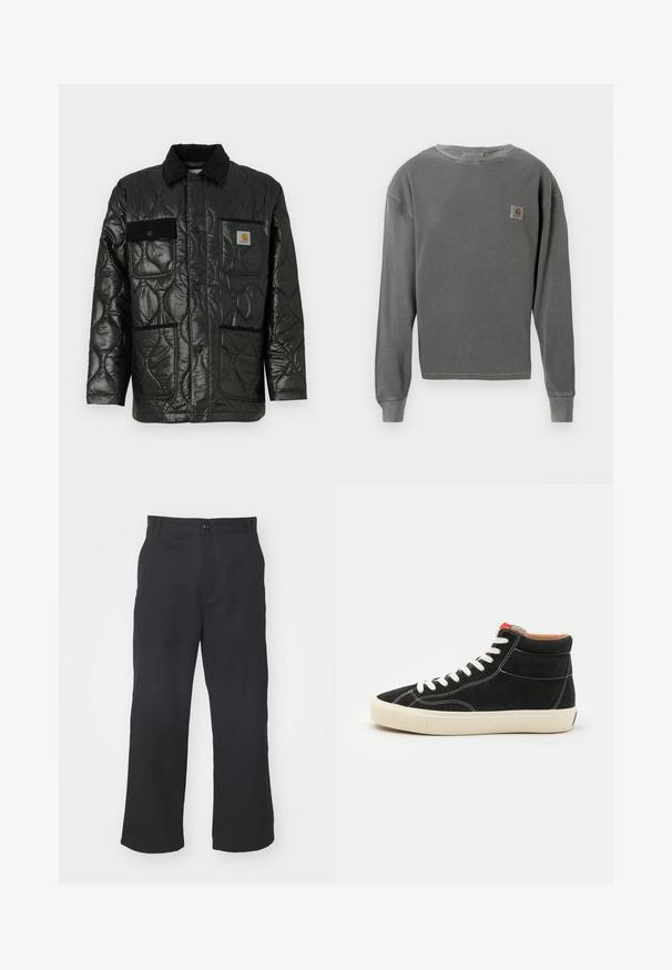 Black quilted jacket with a shiny finish, featuring a collared neck, four patch pockets, and black corduroy accents.; Gray long-sleeve crewneck sweatshirt with ribbed texture, featuring a small square logo patch on the left chest and ribbed cuffs.; Black, straight-leg trousers made of fabric with a smooth texture, featuring a front button closure and standard pockets.; Black suede high-top sneaker with white laces, cream rubber sole, and red accent. Features white stitching details on the upper.