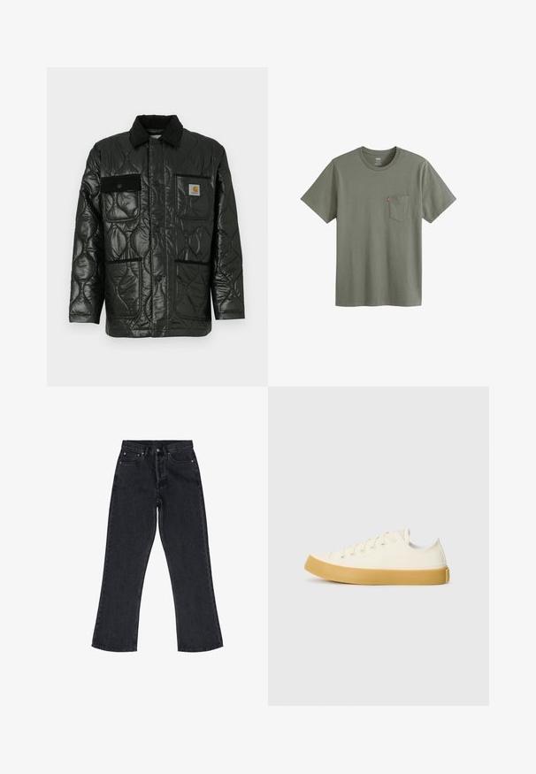 Sort quilted jakke med en blank finish, der har krave, fire påsyede lommer og sorte kordfløjlsdetaljer.; Olivenfarvet t-shirt med kortærmer, der har en brystlomme og et lille rødt Levi's logo på lommen. Enkel, afslappet stil.; Sorte denim jeans med høj talje, vidde ben, fem lomme-design og hardware i kobberfarve. Har subtile syningsdetaljer.; Læder sneakers i off-white med rund tå, der har beige gummisåler og fem øjer til snørebånd, struktureret finish på overdelen.