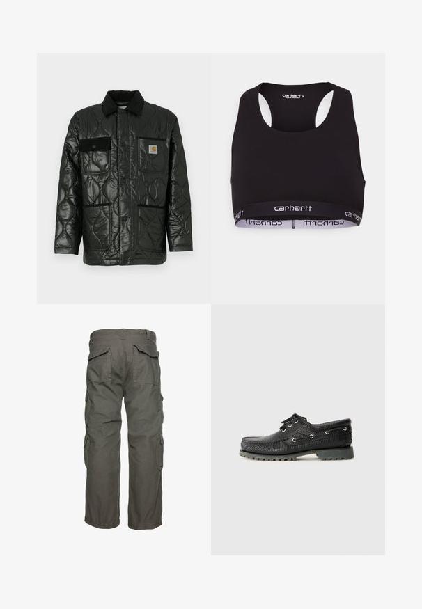 Čierna prešívaná bunda s lesklým povrchom, s golierom, štyrmi našitými vreckami a čiernymi zamatovými akcentmi.; Čierny športový podprsenka s okrúhlym výstrihom a dizajnom so závodným chrbtom. Obsahuje zosilnený pás s bielym brandingom "Carhartt". Mäkka textúra látky.; Olívové cargo nohavice s viacerými bočnými vreckami, vo voľnom strihu a s nastaviteľnými manžetami pre bezpečné nosenie. Odolná bavlnená látka.; Čierne šnurovacie topánky s textúrovaným povrchom a okrúhlou špičkou, kovovými očkami a robustnou šedou gumovou podrážkou. Na vrchnej časti je tkaný vzor.