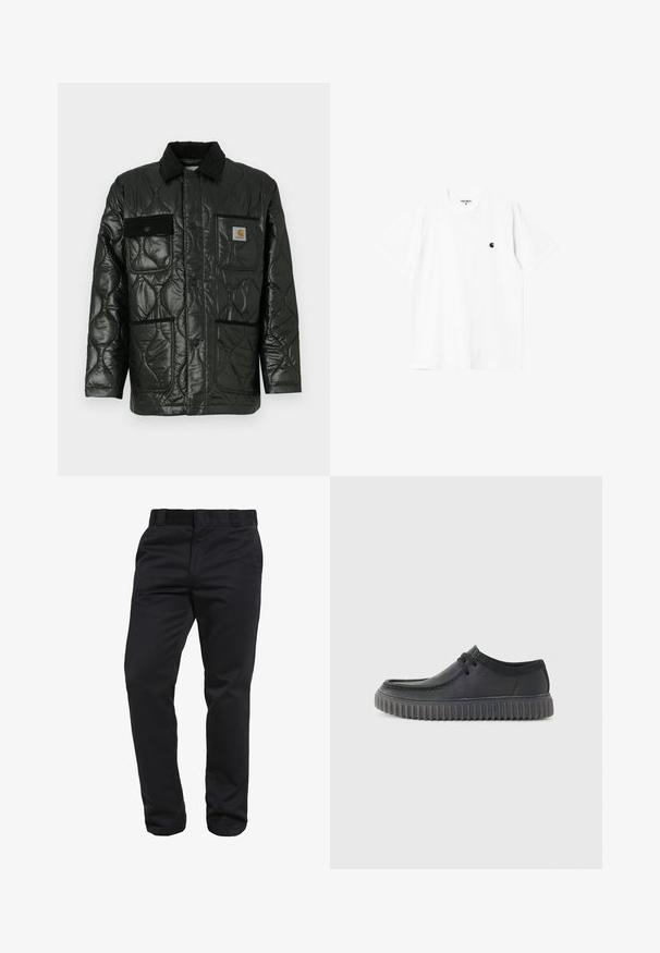 Schwarze gesteppte Jacke mit glänzender Oberfläche, ausgestattet mit einem Kragen, vier aufgesetzten Taschen und schwarzen Cordura-Akzenten.; Weißes Baumwoll-T-Shirt mit kurzen Ärmeln, Rundhalsausschnitt und kleinem schwarzem Logo auf der linken Brust. Weicher Stoff und normale Passform.; Schwarze, gerade geschnittene Hosen aus einem glatten Stoff mit Gürtelschlaufen und Fronttaschen, mit einer klaren und eleganten Silhouette.; Schwarze Lederfreizeitschuhe mit abgerundetem Zehenbereich, flachem Profil und dickem, geripptem Gummisohle. Mit Schnürdetails und glatter Textur.