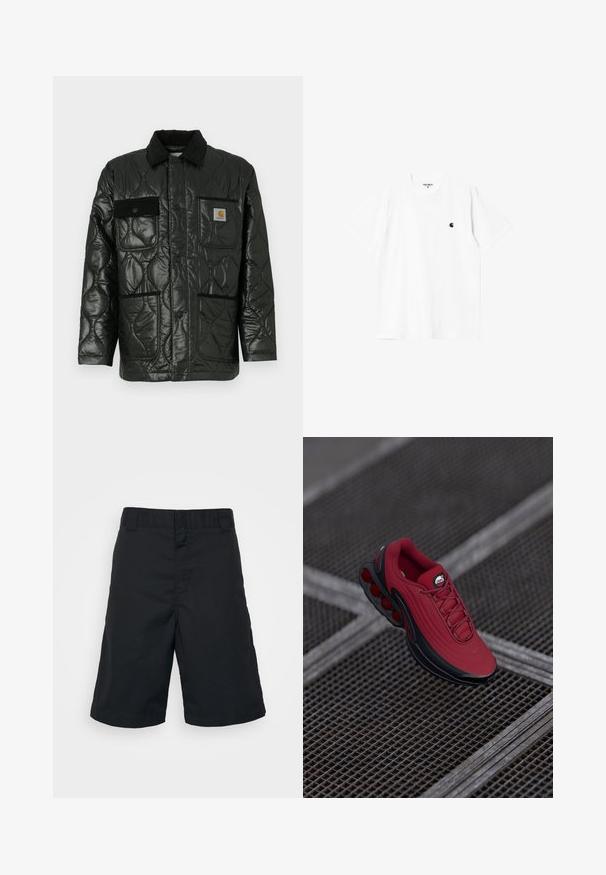 Must valgete õmblustega tikitud jope läikiva viimistlusega, millel on kraed, neli kott-taskut ja mustast korduroost detailid.; Valge puuvillane T-särk lühikeste varrukatega, ümmarguse kaelusega ja väikese musta logoga vasakul rinnal. Pehme tekstuur ja standardne lõige.; Mustad mustadest kangast lühikesed püksid, sirge lõikega, tavalisevärviga ja ilma mustrite või nähtavate kinnitusteta.; Punase sneaker, mille on tekstureeritud pealne, mustade aktsentidega ja silmapaistva õhukaitse taldesuunnid. Paelad ja logo on nähtavad ülal.