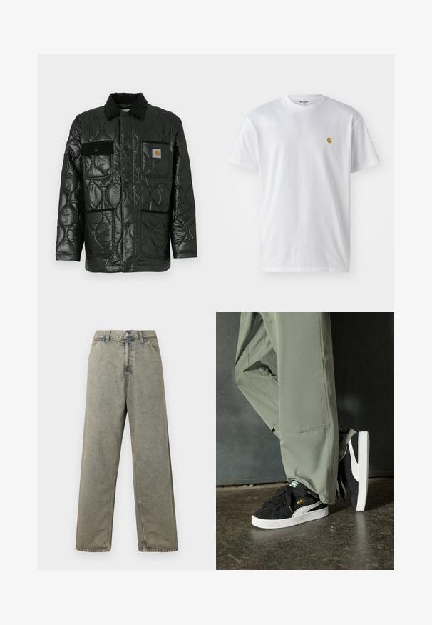 Juodas siuvinėtas džemperis su blizgesiu, turintis apykaklę, keturias kišenių kišenes ir juodus veliūro akcentus.; Balta medvilnės marškinėliai su trumpomis rankovėmis, apvalia iškirpte, kuriuose kairėje krūtinės pusėje yra mažas auksinis logotipas. Minkšta tekstūra ir reguliari forma.; Plačios kojų džinsinės kelnės iš išblukusio pilko audinio, su mygtukų užtrauktuku ir tradiciniu penkių kišenių dizainu, akcentuojančiu matomas siuvimo detales.; Juodi suede sportbačiai su baltais guminiais padais ir šoninėmis juostelėmis, derinami su šviesiai žaliais kargo kelnais, stovintys ant tekstūruoto tamsaus paviršiaus.