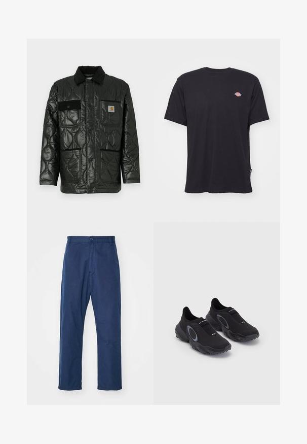Czarna pikowana kurtka o błyszczącym wykończeniu, z kołnierzykiem, czterema naszywanymi kieszeniami i czarnymi akcentami z korduroyu.; Czarna bawełniana koszulka z krótkim rękawem, okrągłym dekoltem i małym kolorowym logo na lewej piersi. Posiada prosty dół.; Granatowe, proste spodnie wykonane z bawełny. Posiadają zapięcie na guzik z przodu oraz subtelną teksturę, a także boczne kieszenie i szlufki na pasek.; Czarne mokasyny sportowe z teksturowaną cholewką i gumową podeszwą. Posiadają szary okrągły akcent oraz elastyczny pasek na podbiciu dla lepszego dopasowania.