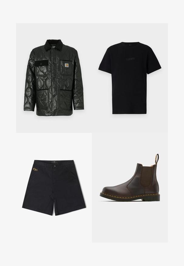 Mustikka ommeltu takki kiiltävällä pinnalla, jossa on kauluksellinen kaula, neljä läppätaskua ja musta corduroy-ylimäärä.; Musta puuvillat-paita lyhyillä hihoilla, ribbikuvio, pyöreä kaula-aukko ja brodeerattu "FORMER" -logo edessä.; Mustat puuvillashortsit, joissa on etupainike, sivutaskut ja pieni keltainen kalalogo vasemmassa taskussa.; Ruskean nahkainen Chelsea-kengä, jossa on elastiset sivupaneelit, teksturoitu korko ja kontrastivärinen keltainen tikkaus. Varustettu vetoketjulla helppoa pukemista varten.